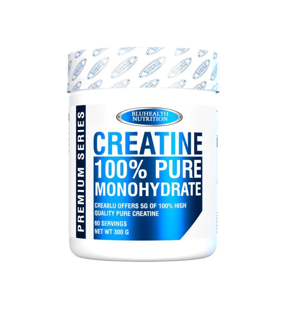 Creatina de Bluehealth Nutrition de 300g monohidratada micronizada, suplemento para fuerza y potencia muscular.